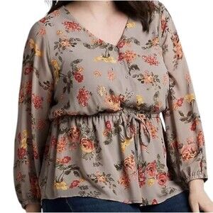 Lane Bryant Long Sleeve Vneck Pop Over Gray Floral Blouse Women SZ 26